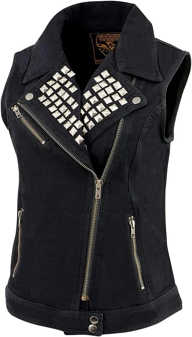 Milwaukee Leather MDL4030 Women's Black Denim Zipper Front Motorcycle Vest with Studded Spikes