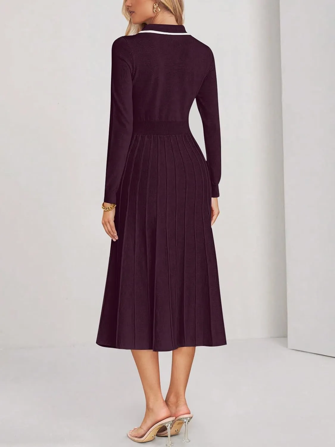 MIROL Women's Pleated Contrast Sweater Dress 2025 Fall Long Sleeve Button Lapel Collar Maxi Bodycon Dress