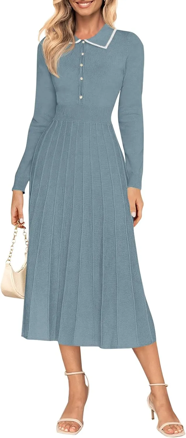 MIROL Women's Pleated Contrast Sweater Dress 2025 Fall Long Sleeve Button Lapel Collar Maxi Bodycon Dress