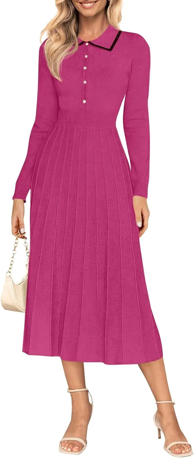 MIROL Women's Pleated Contrast Sweater Dress 2025 Fall Long Sleeve Button Lapel Collar Maxi Bodycon Dress