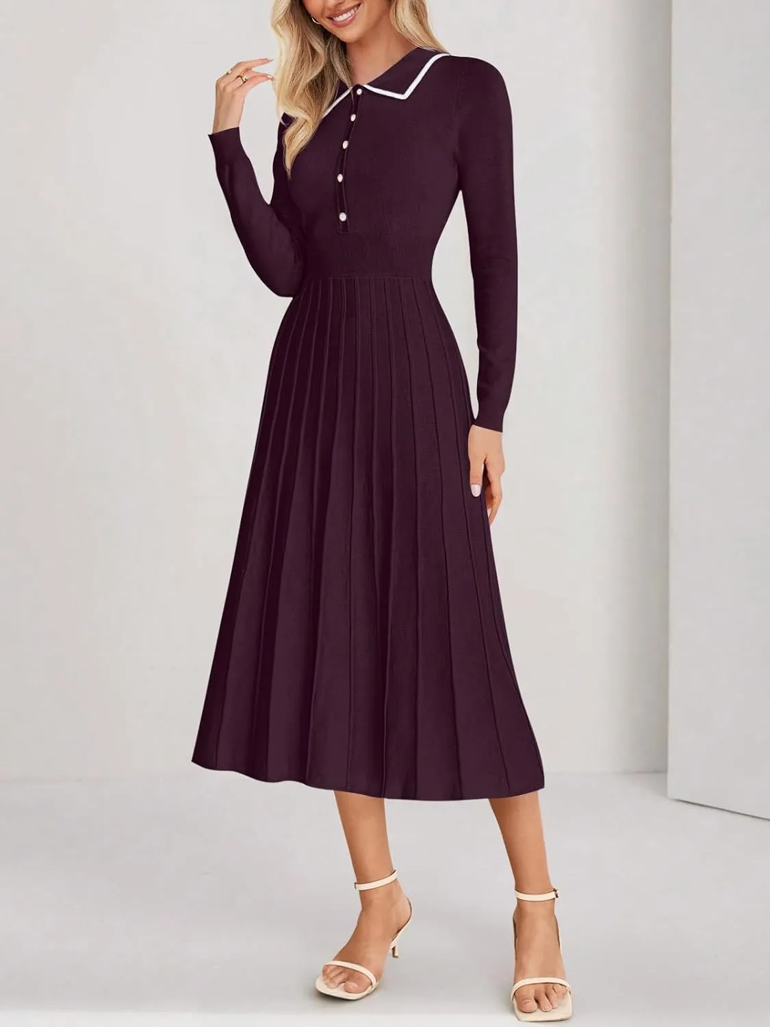 MIROL Women's Pleated Contrast Sweater Dress 2025 Fall Long Sleeve Button Lapel Collar Maxi Bodycon Dress