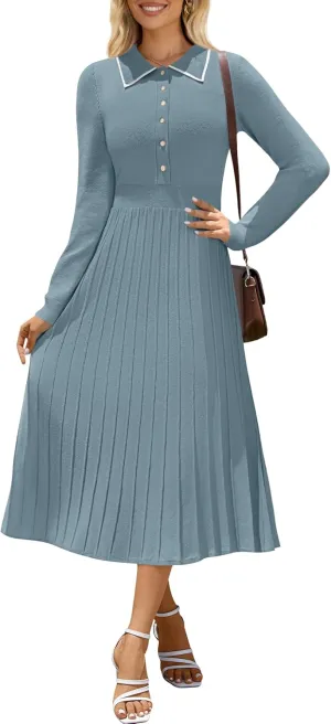 MIROL Women's Pleated Contrast Sweater Dress 2025 Fall Long Sleeve Button Lapel Collar Maxi Bodycon Dress
