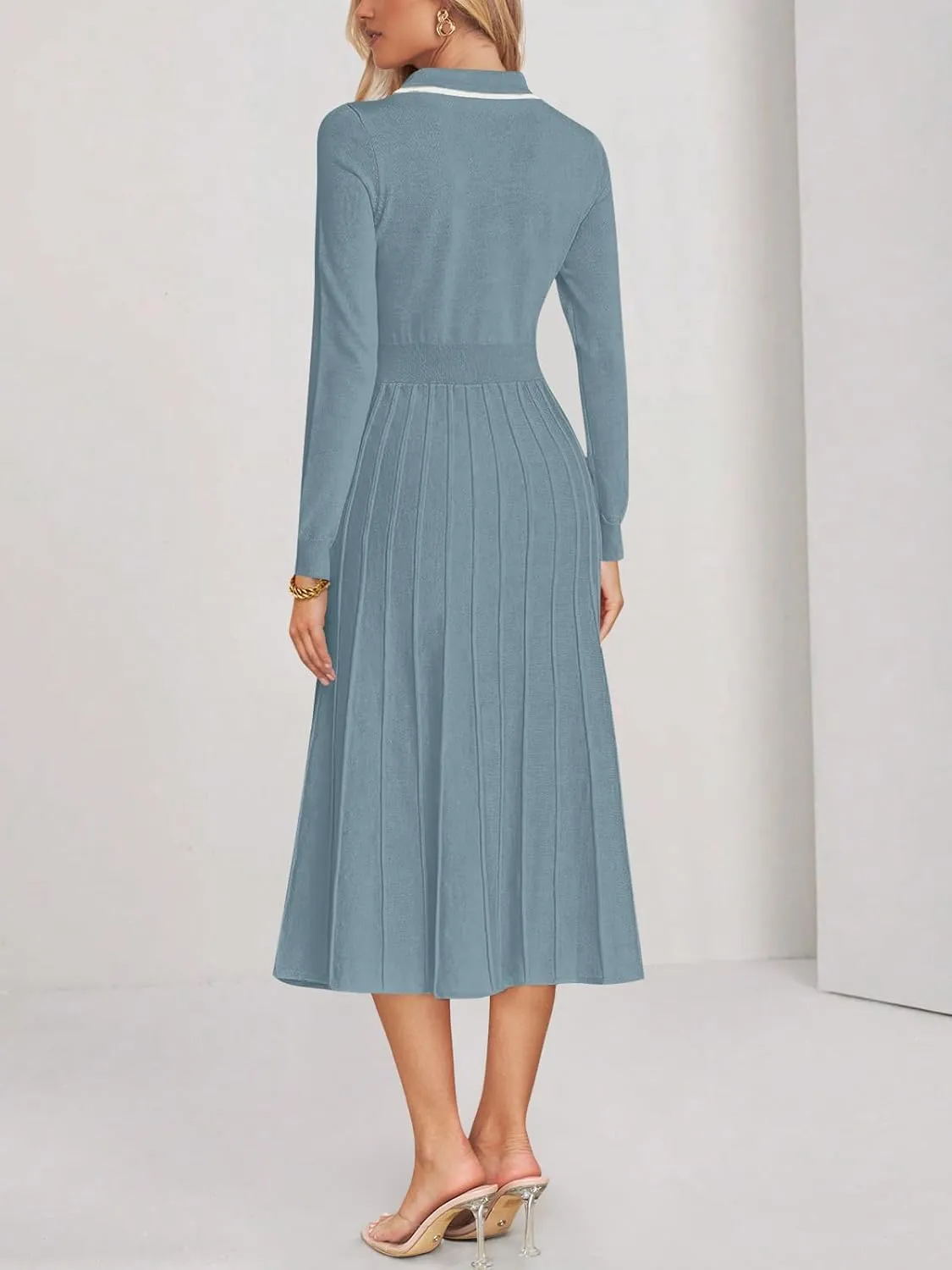 MIROL Women's Pleated Contrast Sweater Dress 2025 Fall Long Sleeve Button Lapel Collar Maxi Bodycon Dress