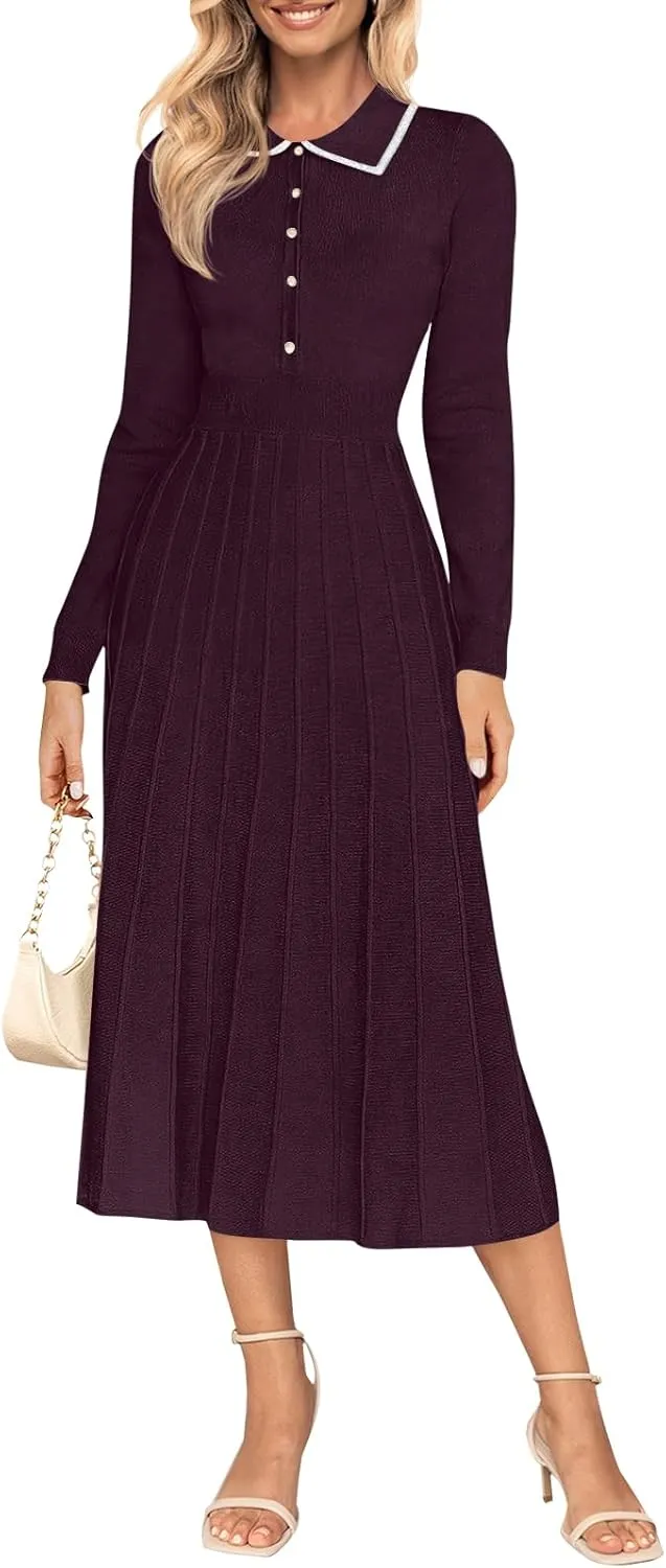 MIROL Women's Pleated Contrast Sweater Dress 2025 Fall Long Sleeve Button Lapel Collar Maxi Bodycon Dress