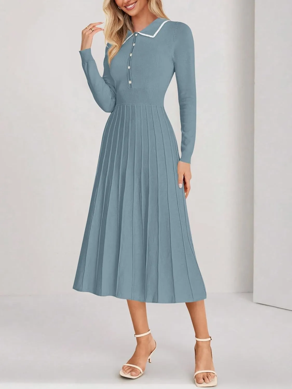 MIROL Women's Pleated Contrast Sweater Dress 2025 Fall Long Sleeve Button Lapel Collar Maxi Bodycon Dress