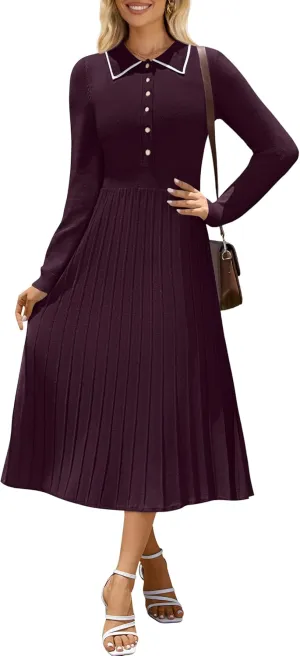 MIROL Women's Pleated Contrast Sweater Dress 2025 Fall Long Sleeve Button Lapel Collar Maxi Bodycon Dress