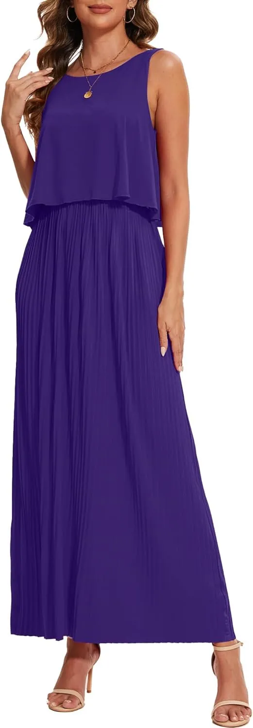 Moss Rose Women's Classic Crewneck Sleeveless A Line Formal Dress Floor Length Pleated Evening Dresses