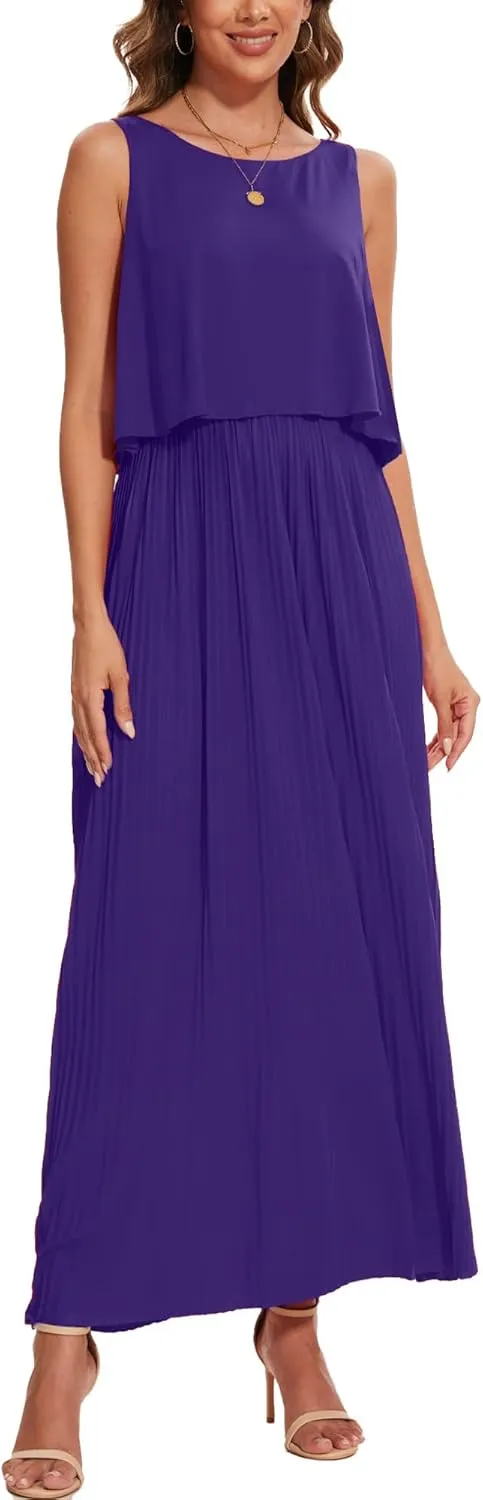 Moss Rose Women's Classic Crewneck Sleeveless A Line Formal Dress Floor Length Pleated Evening Dresses