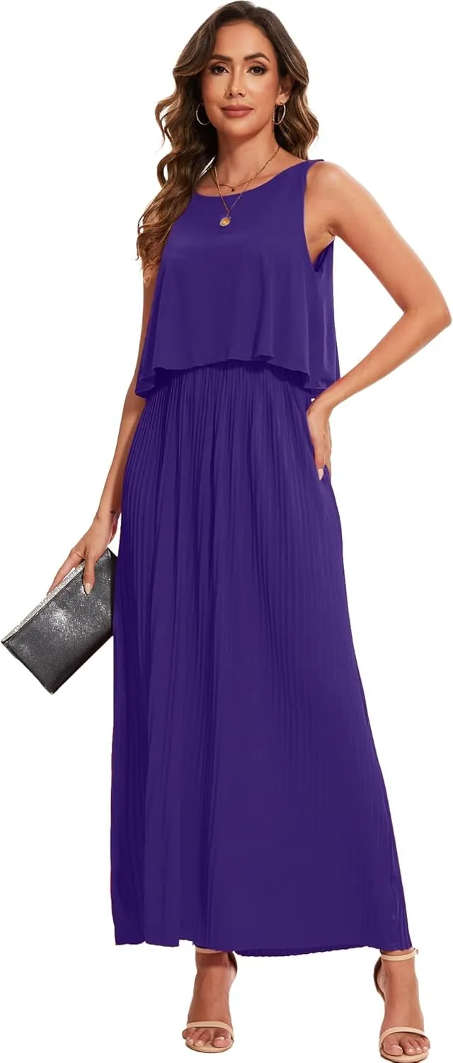Moss Rose Women's Classic Crewneck Sleeveless A Line Formal Dress Floor Length Pleated Evening Dresses