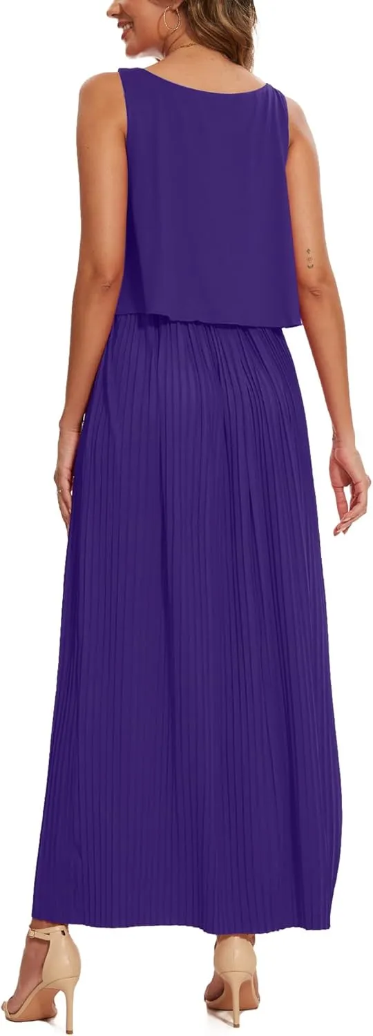 Moss Rose Women's Classic Crewneck Sleeveless A Line Formal Dress Floor Length Pleated Evening Dresses