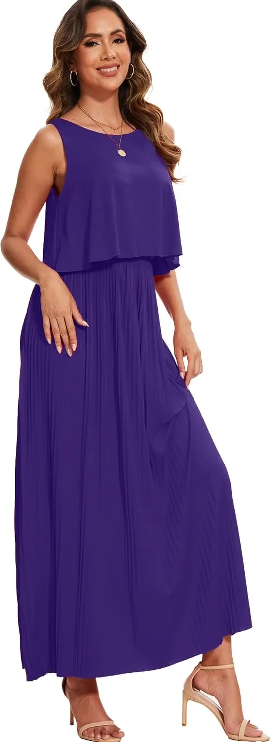 Moss Rose Women's Classic Crewneck Sleeveless A Line Formal Dress Floor Length Pleated Evening Dresses