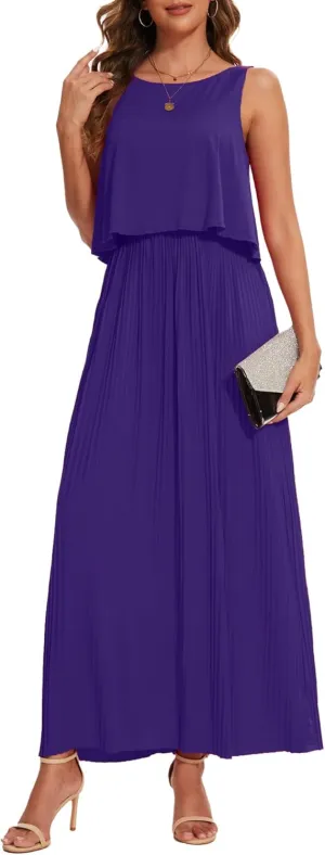 Moss Rose Women's Classic Crewneck Sleeveless A Line Formal Dress Floor Length Pleated Evening Dresses