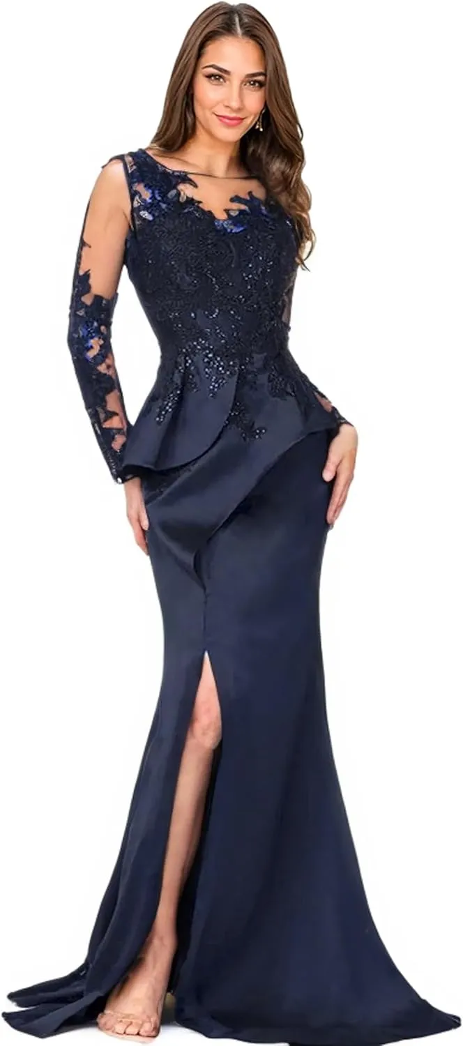 Mother of The Bride Dress Mermaid Floor Length Satin Evening Gown Long Sleeve Illusion Neck Slit Wedding Party Dress