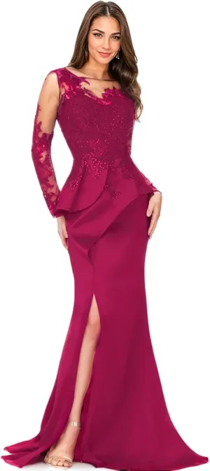 Mother of The Bride Dress Mermaid Floor Length Satin Evening Gown Long Sleeve Illusion Neck Slit Wedding Party Dress