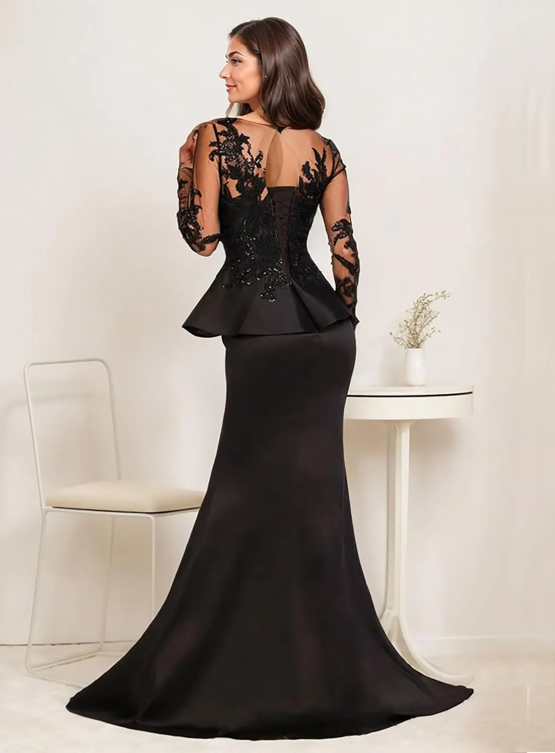 Mother of The Bride Dress Mermaid Floor Length Satin Evening Gown Long Sleeve Illusion Neck Slit Wedding Party Dress