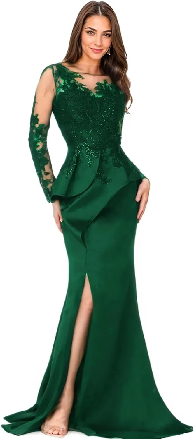 Mother of The Bride Dress Mermaid Floor Length Satin Evening Gown Long Sleeve Illusion Neck Slit Wedding Party Dress