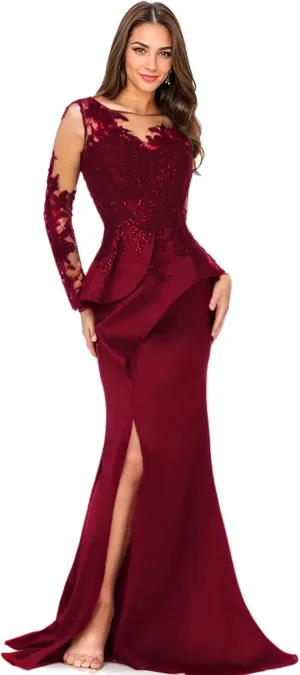 Mother of The Bride Dress Mermaid Floor Length Satin Evening Gown Long Sleeve Illusion Neck Slit Wedding Party Dress