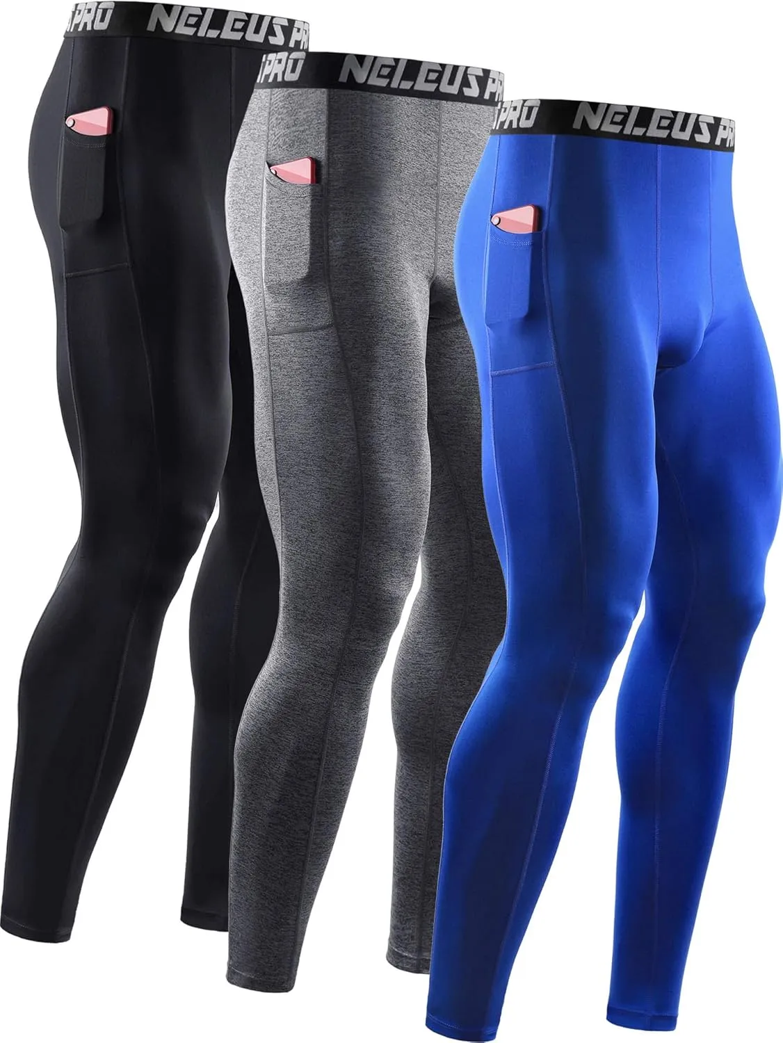 NELEUS Men's Dry Fit Compression Baselayer Pants Running Tights Leggings with Phone Pocket
