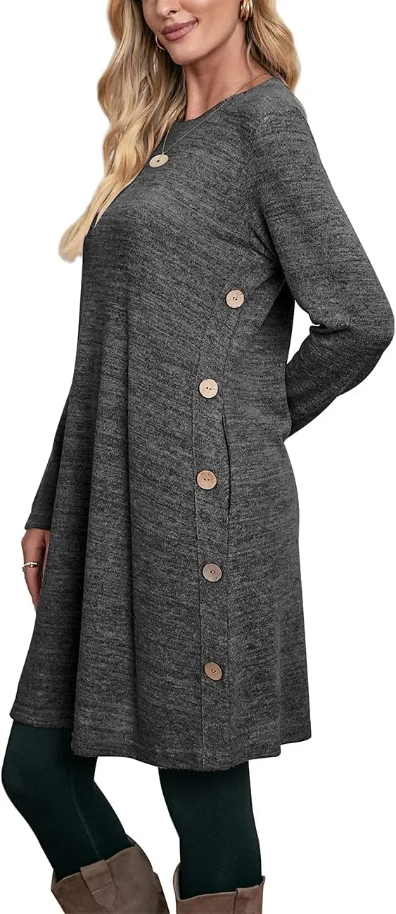 OFEEFAN Womens Long Sleeve Tunic Dres Fall Outfits with Pockets Buttons