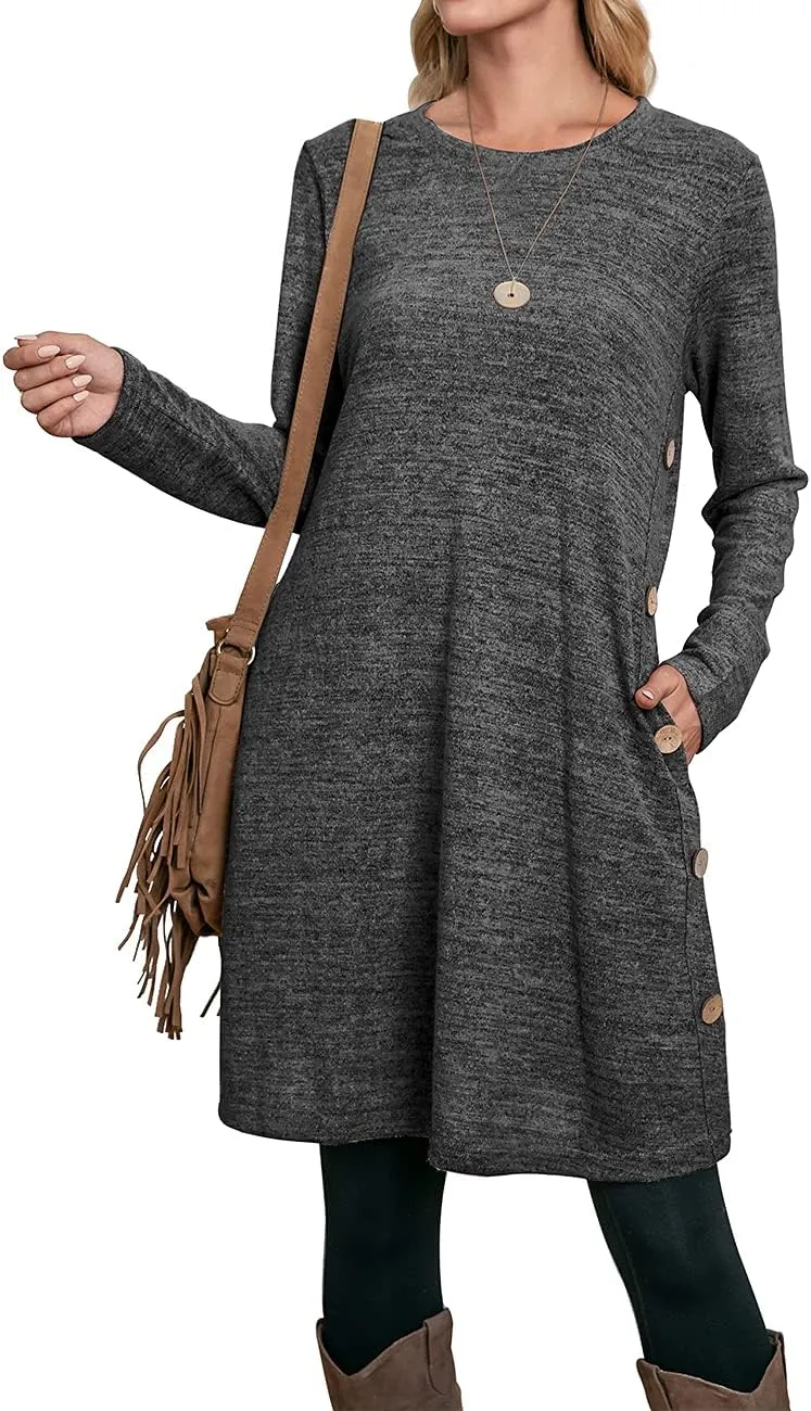 OFEEFAN Womens Long Sleeve Tunic Dres Fall Outfits with Pockets Buttons