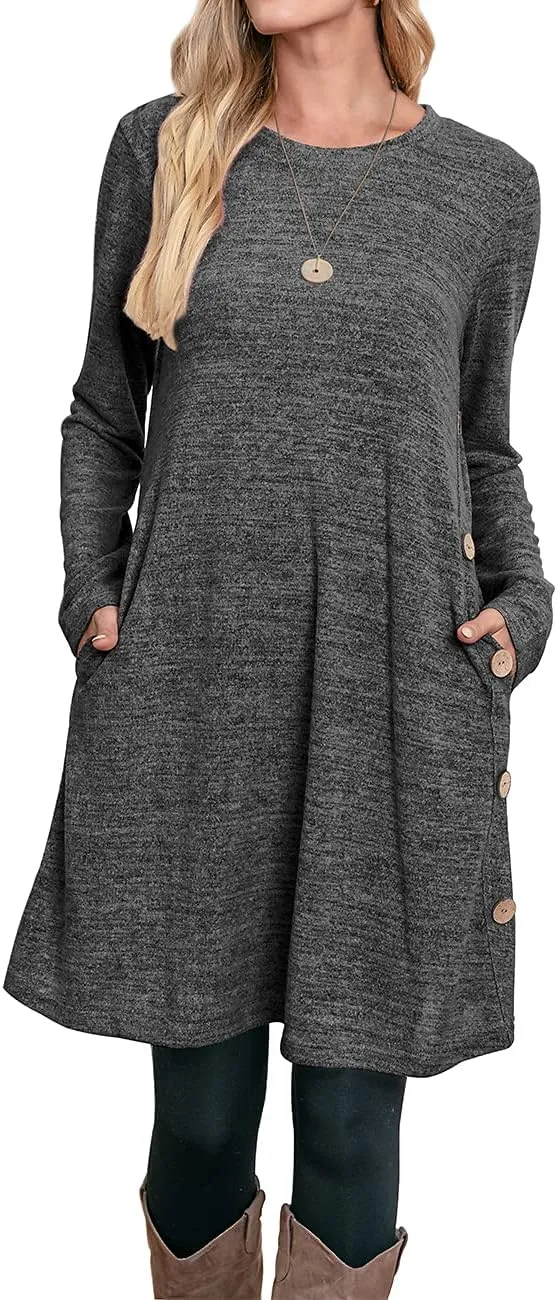 OFEEFAN Womens Long Sleeve Tunic Dres Fall Outfits with Pockets Buttons