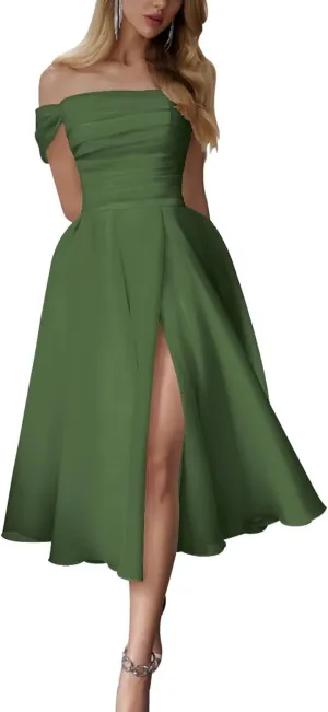 Off Shoulder Organza Wedding Dresses for Bride Midi Prom Party Gown with Slit