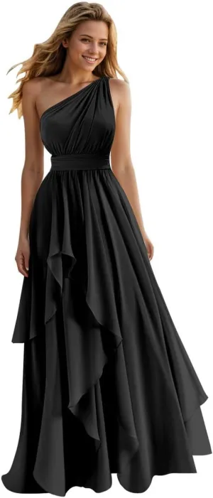 One Shoulder Bridesmaid Dresses for Women Ruffles A-Line Chiffon Ruched Formal Gown with Pockets