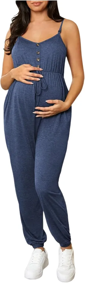OYOANGLE Women's Maternity Nursing Jumpsuits Button Front V Neck Long Pants Romper