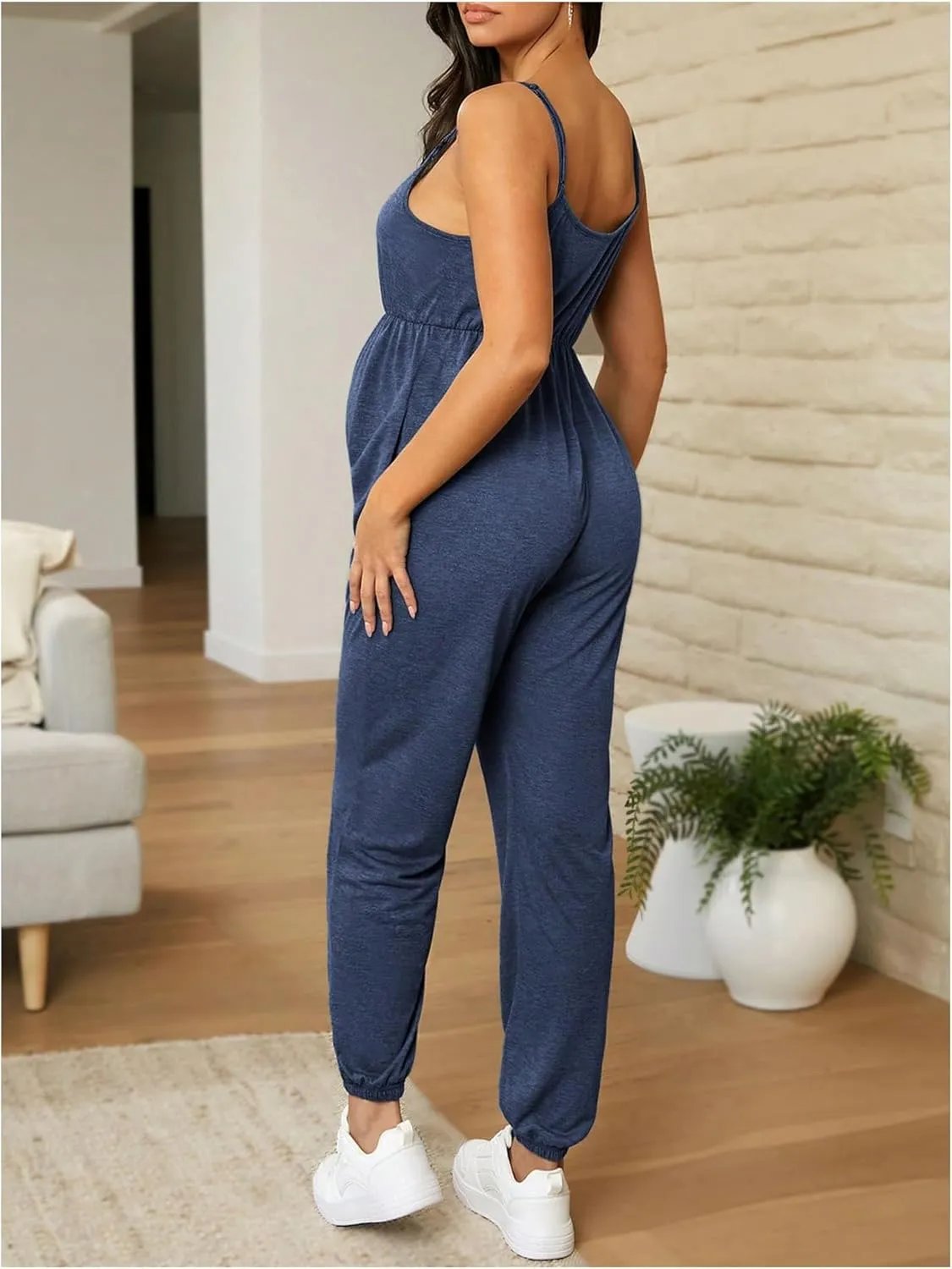 OYOANGLE Women's Maternity Nursing Jumpsuits Button Front V Neck Long Pants Romper