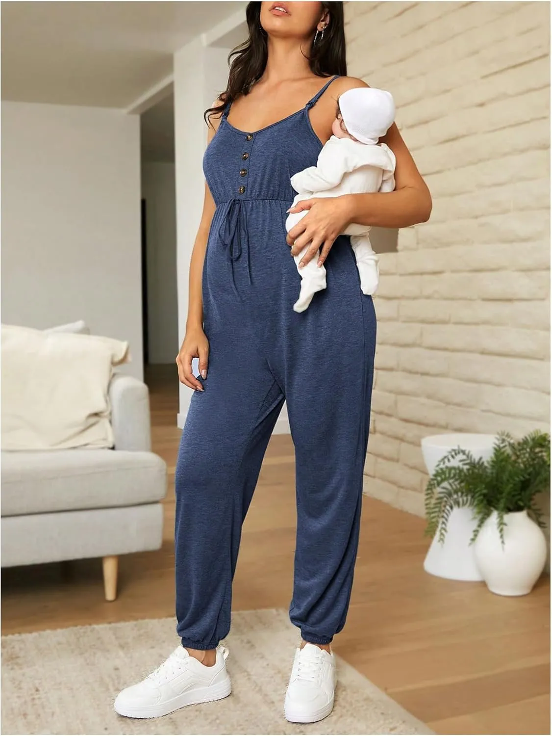 OYOANGLE Women's Maternity Nursing Jumpsuits Button Front V Neck Long Pants Romper