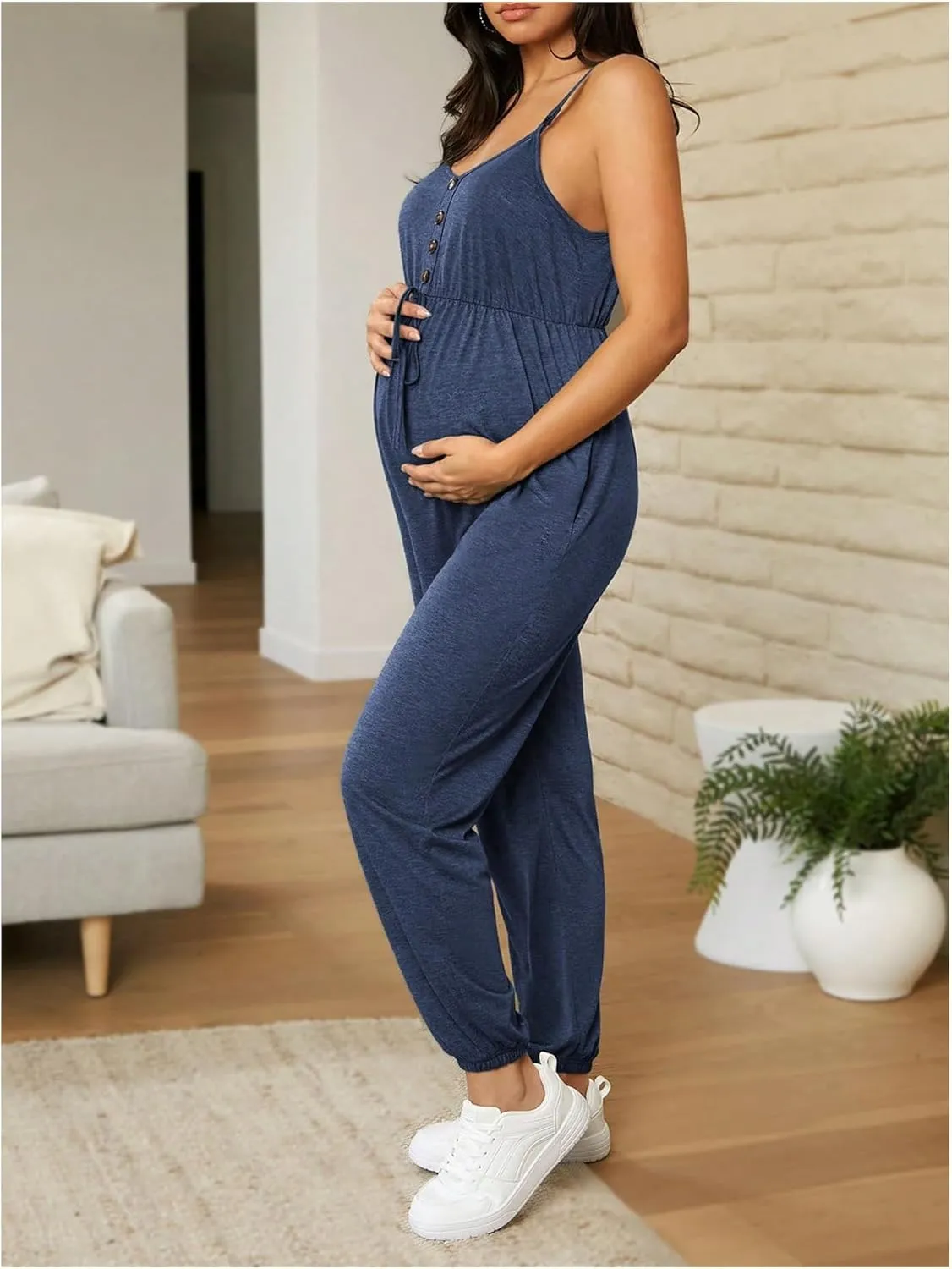 OYOANGLE Women's Maternity Nursing Jumpsuits Button Front V Neck Long Pants Romper