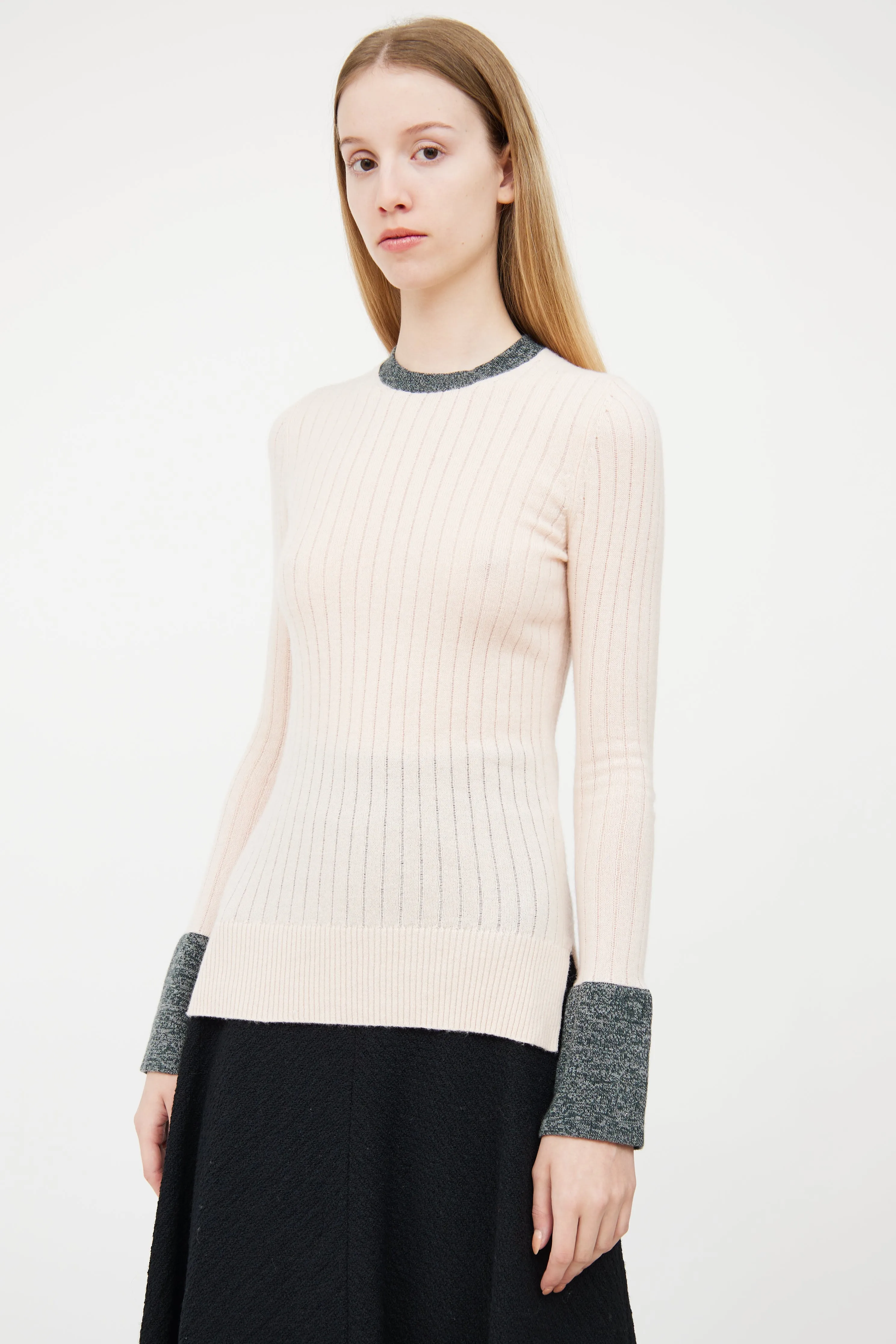 Pink & Grey Ribbed Cashmere Sweater