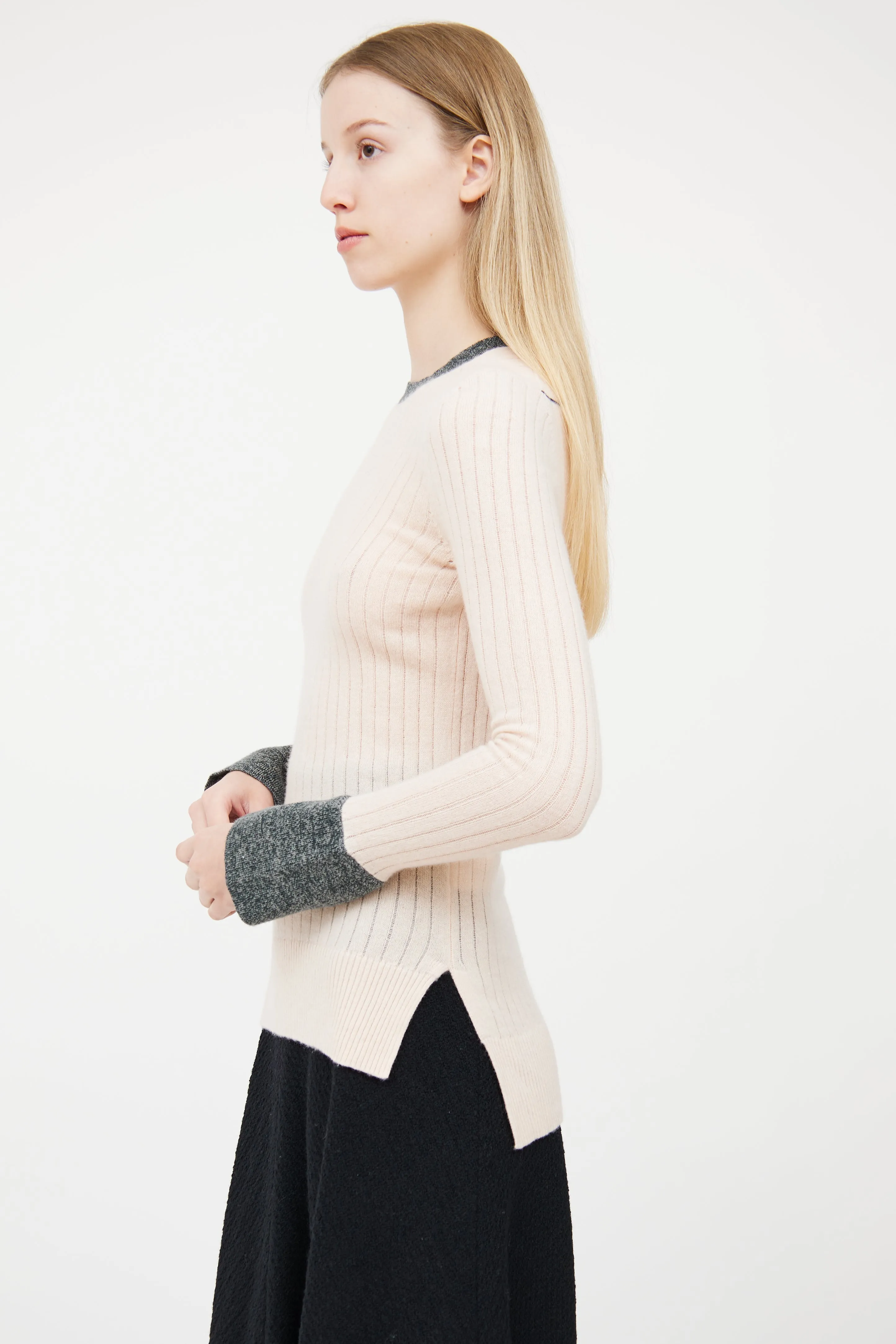Pink & Grey Ribbed Cashmere Sweater