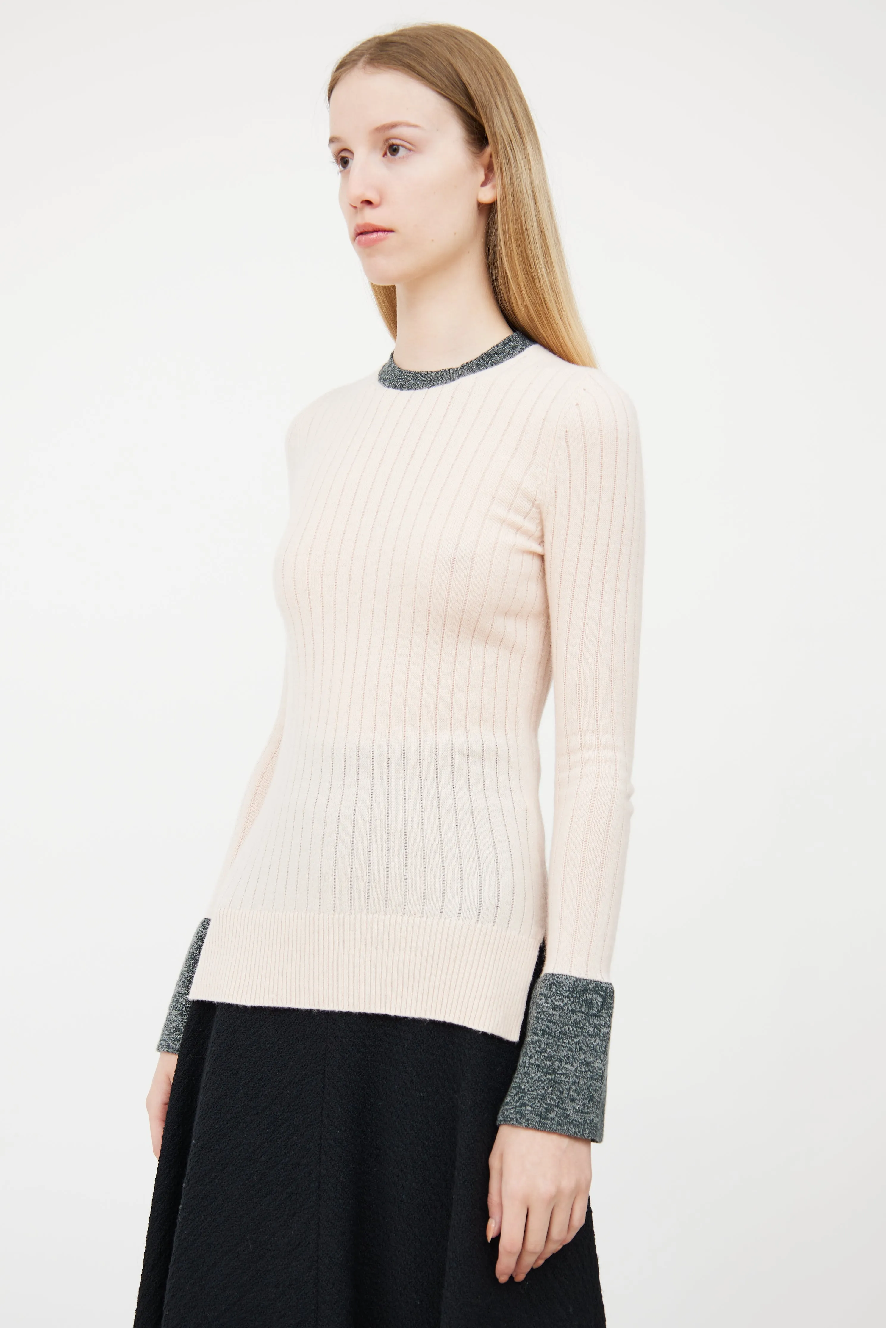 Pink & Grey Ribbed Cashmere Sweater
