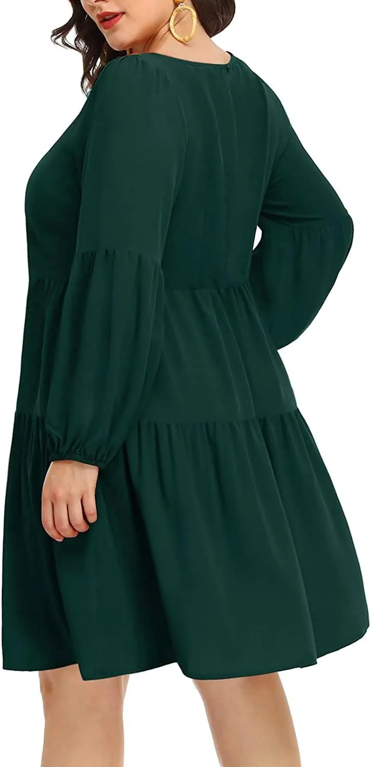 Pinup Fashion Plus Size Long Sleeve Fall Dress - Casual Babydoll Tunic Shift Tiered Flowy Dresses