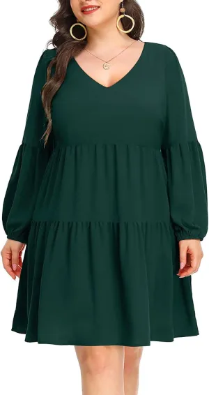 Pinup Fashion Plus Size Long Sleeve Fall Dress - Casual Babydoll Tunic Shift Tiered Flowy Dresses