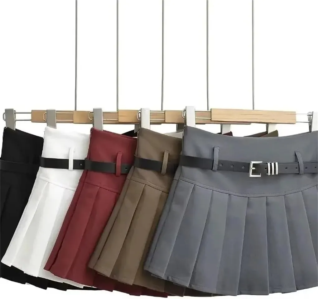 Pleated Skirt for Women's Belt Decoration High Waisted Short Solid Slim Skirt
