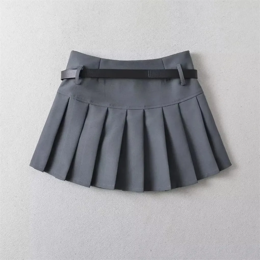 Pleated Skirt for Women's Belt Decoration High Waisted Short Solid Slim Skirt