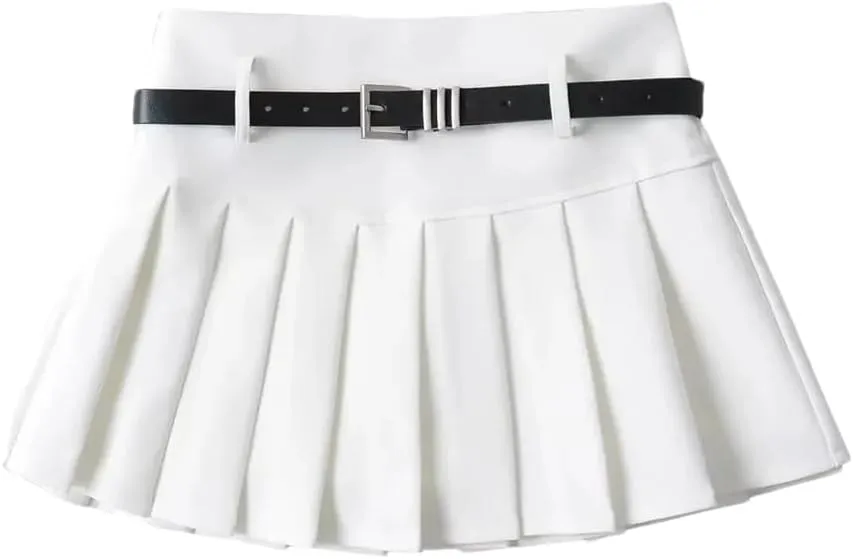 Pleated Skirt for Women's Belt Decoration High Waisted Short Solid Slim Skirt
