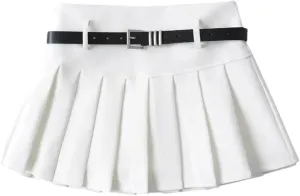 Pleated Skirt for Women's Belt Decoration High Waisted Short Solid Slim Skirt
