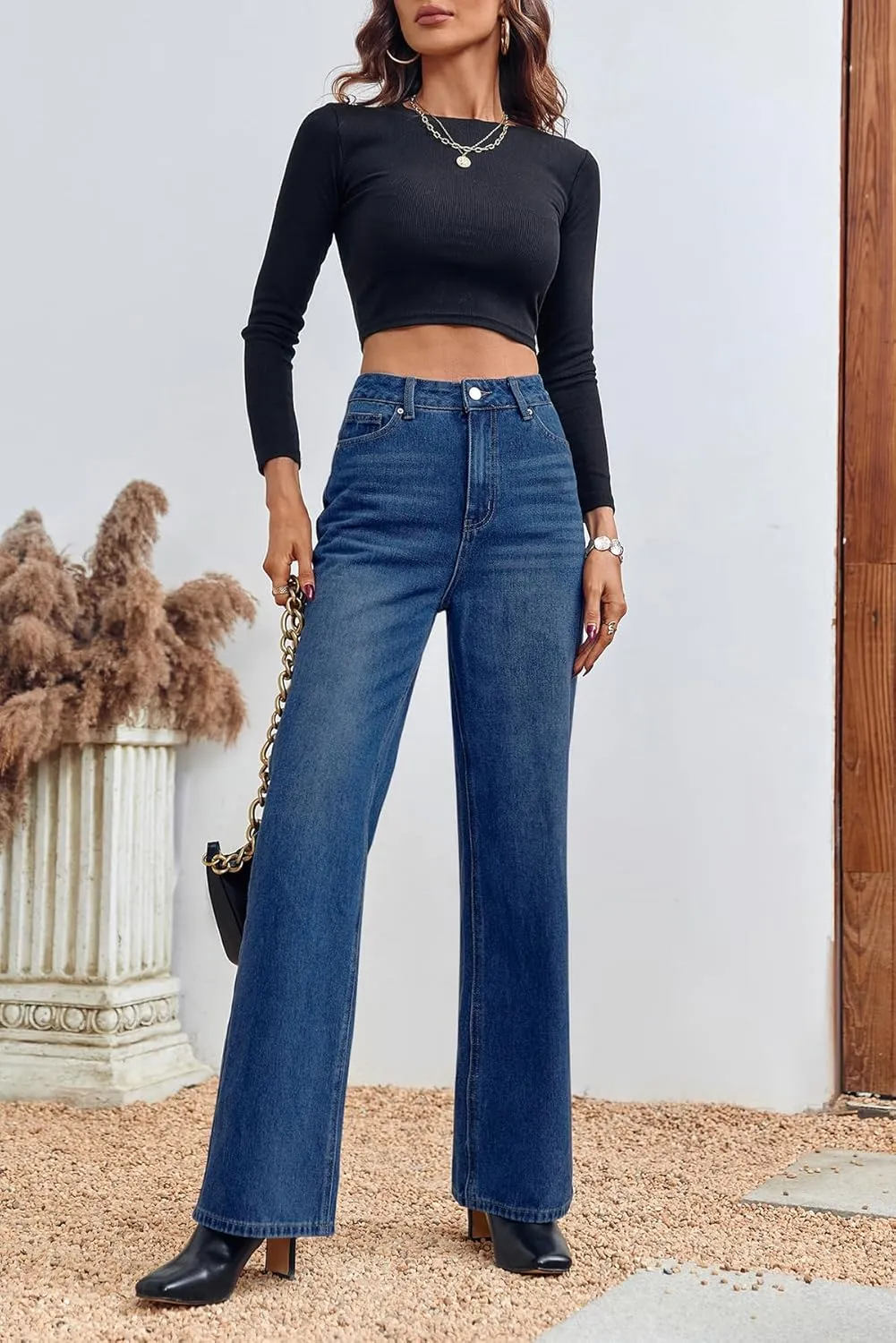 PLNOTME Women's High Waisted Wide Leg Jeans Loose Stretchy Boyfriend Mom Denim Pants