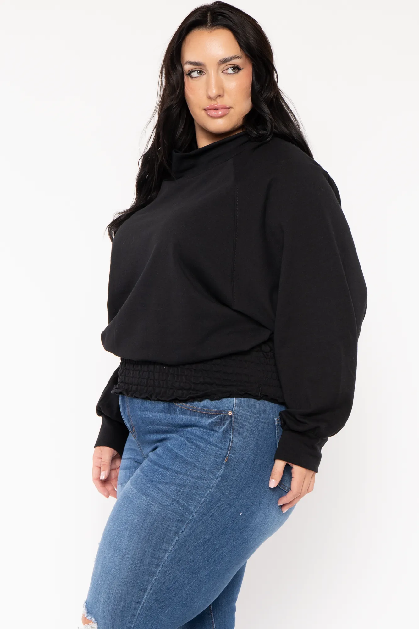 Plus Size Smocked Waist  Sweater - Black