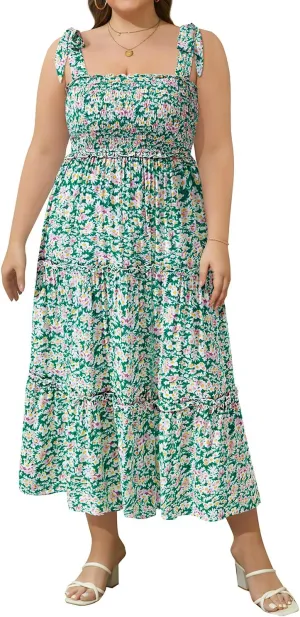 Plus Size Summer Dress - Sun Boho Beach Casual Floral Tiered Smocked Long Maxi Dresses