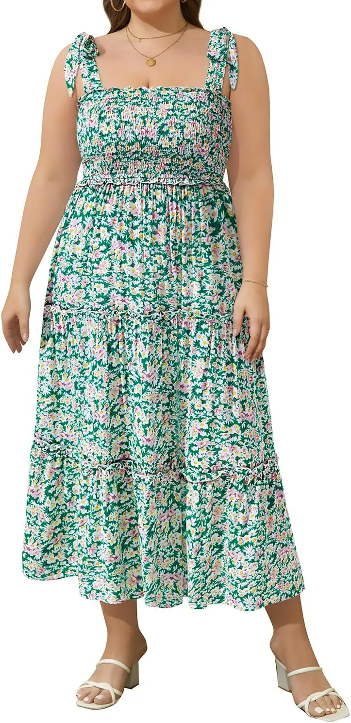 Plus Size Summer Dress - Sun Boho Beach Casual Floral Tiered Smocked Long Maxi Dresses