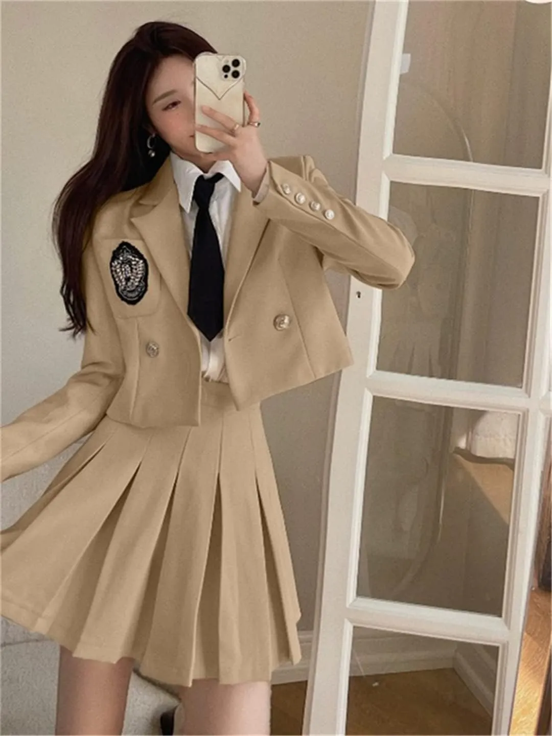 Preppy Style Skirt Set Ladies Suit   Solid Shirt With Tie   High Waist Pleated Skirt 2022 Spring New Jk Suit Female
