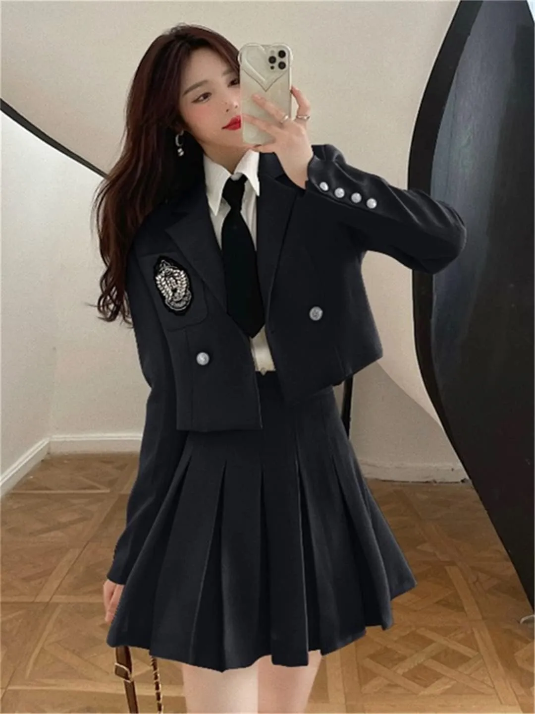 Preppy Style Skirt Set Ladies Suit   Solid Shirt With Tie   High Waist Pleated Skirt 2022 Spring New Jk Suit Female