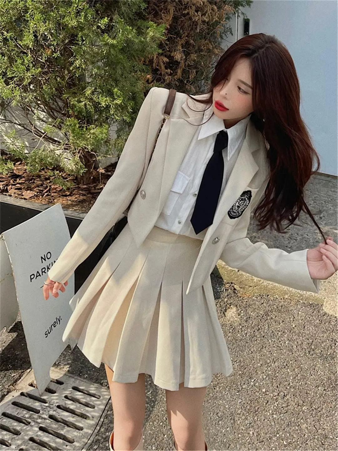 Preppy Style Skirt Set Ladies Suit   Solid Shirt With Tie   High Waist Pleated Skirt 2022 Spring New Jk Suit Female