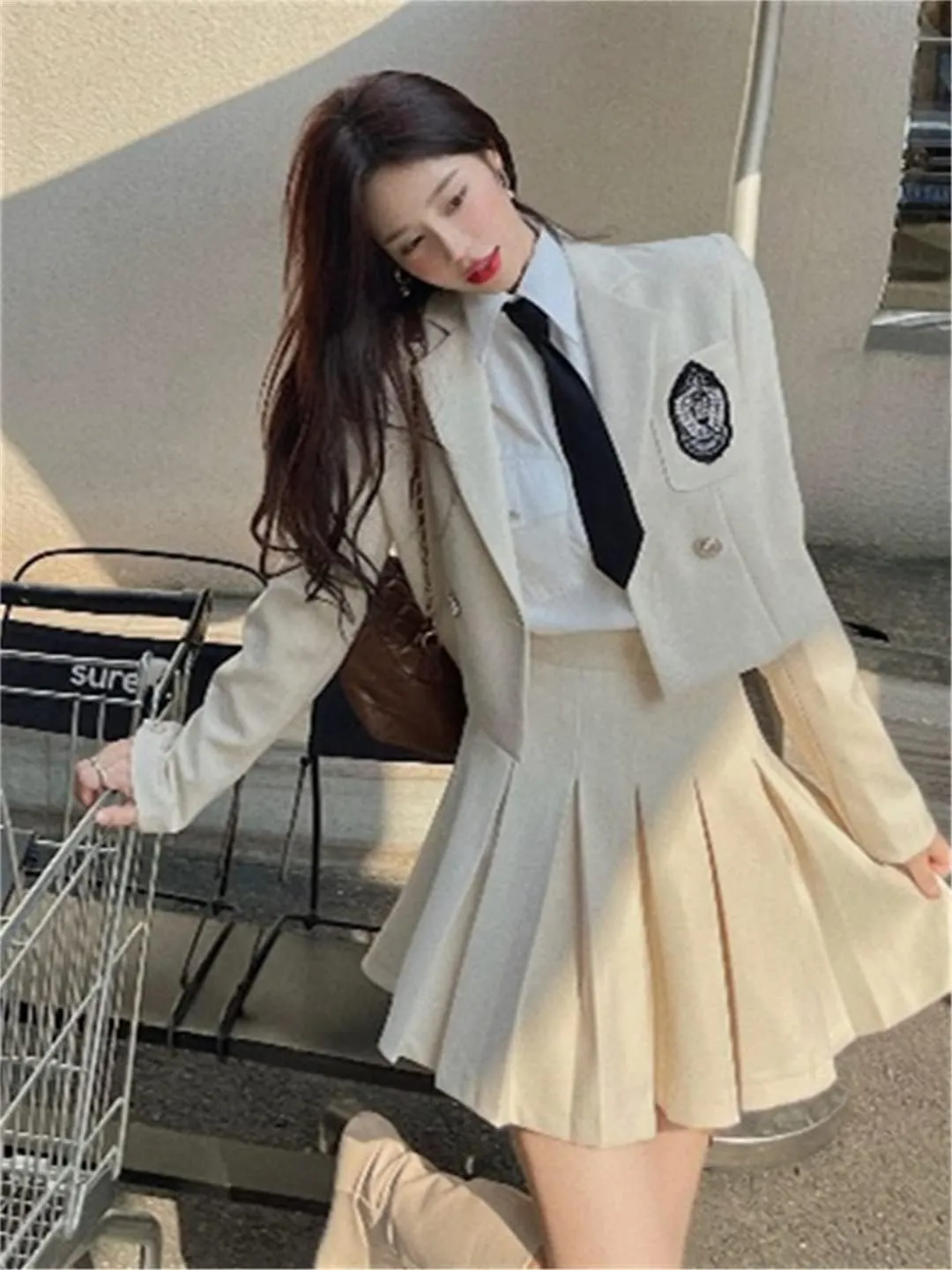 Preppy Style Skirt Set Ladies Suit   Solid Shirt With Tie   High Waist Pleated Skirt 2022 Spring New Jk Suit Female