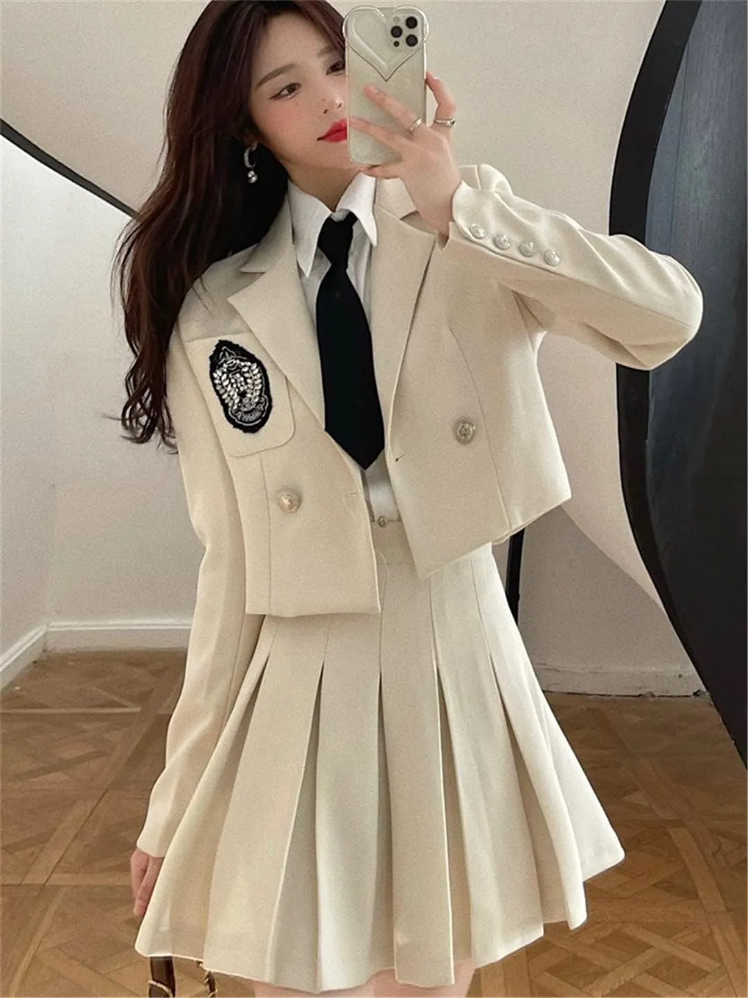 Preppy Style Skirt Set Ladies Suit   Solid Shirt With Tie   High Waist Pleated Skirt 2022 Spring New Jk Suit Female