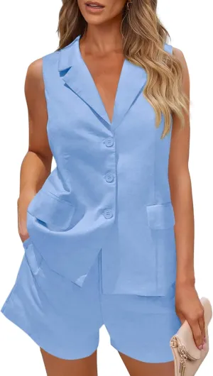 PRETTYGARDEN Women Summer 2 Piece Outfits 2025 Casual Lapel V Neck Button Down Vest Shorts Set Business Work Blazer Sets